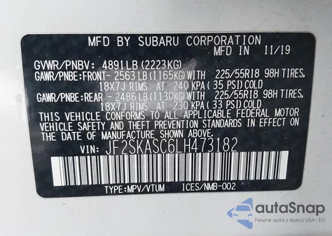 2020 Subaru Forester Limited from USA, damaged, VIN JF2SKASC6LH473182
